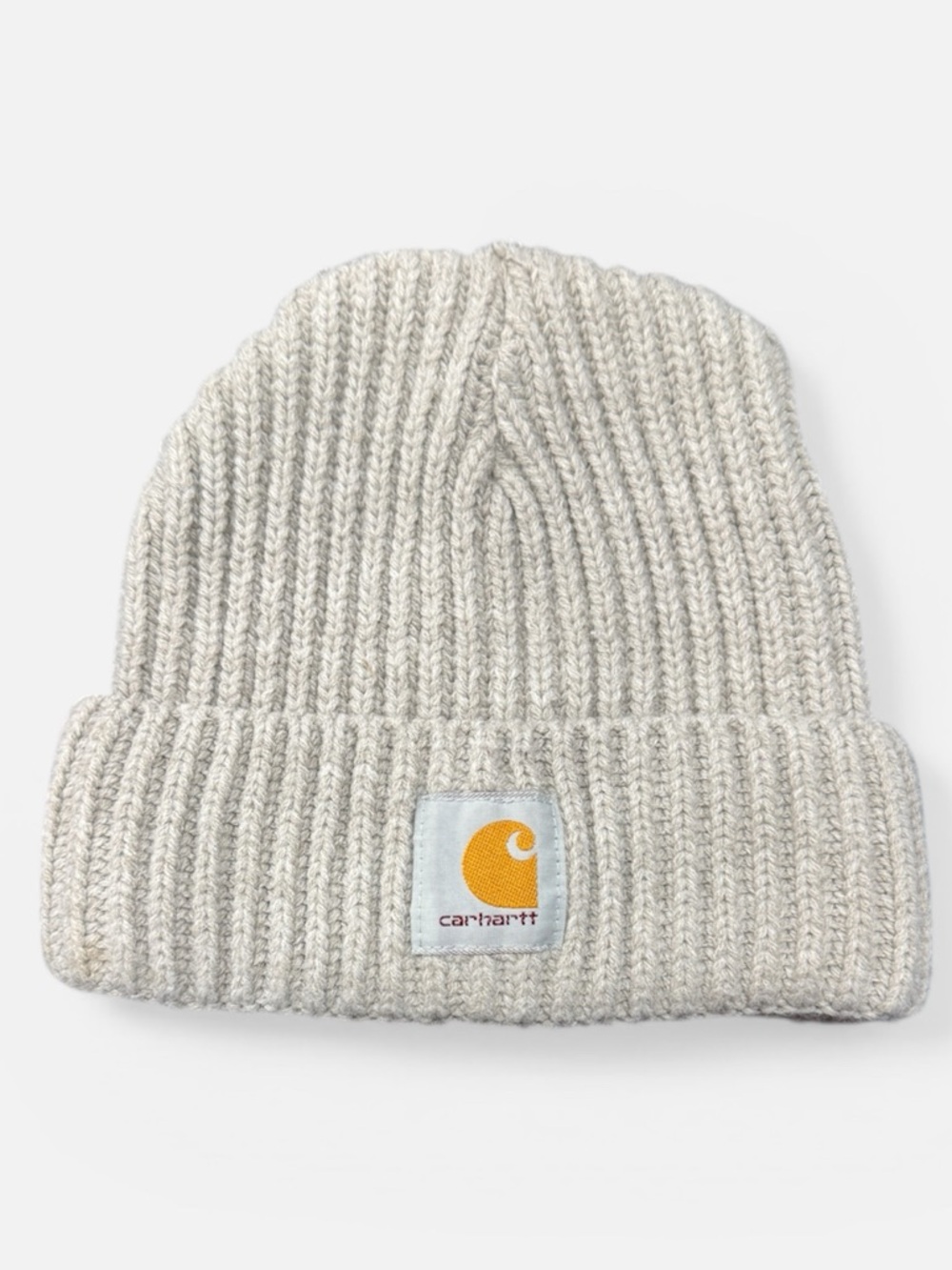 Carhartt Cream Ribbed Knit Beanie Hat Logo Patch Winter One Size